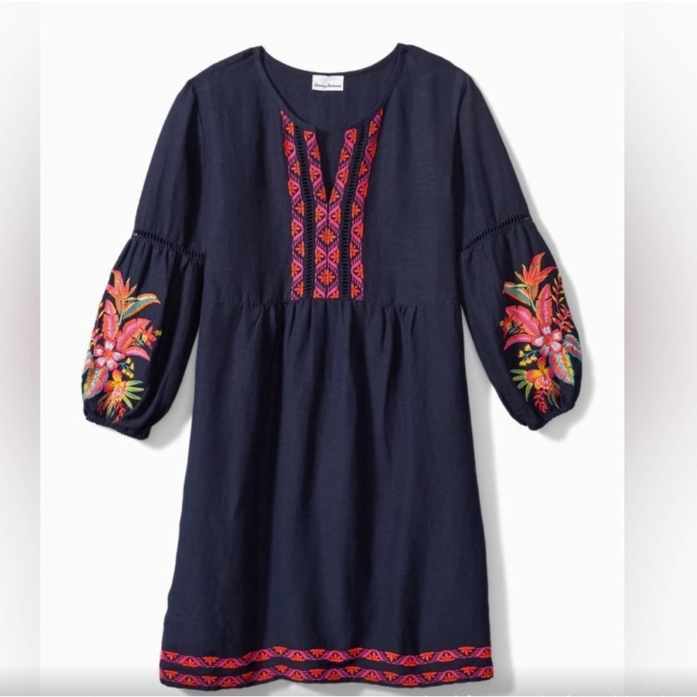 Tommy Bahamas Linen Blend Embroidered Floral Dress with Pockets, M